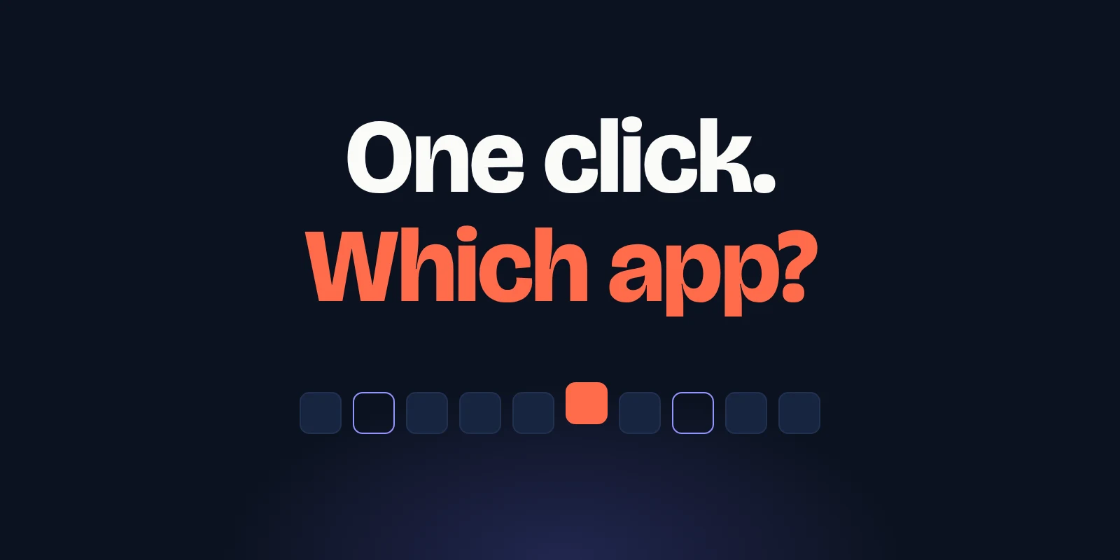 The words One click, then Which app, above a row of identical app tiles with one picked out in coral: removing an app is easy, choosing which is the work